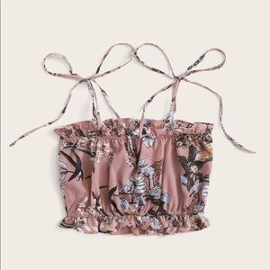 Floral Print Frill Trim Tie Shoulder Cami Top